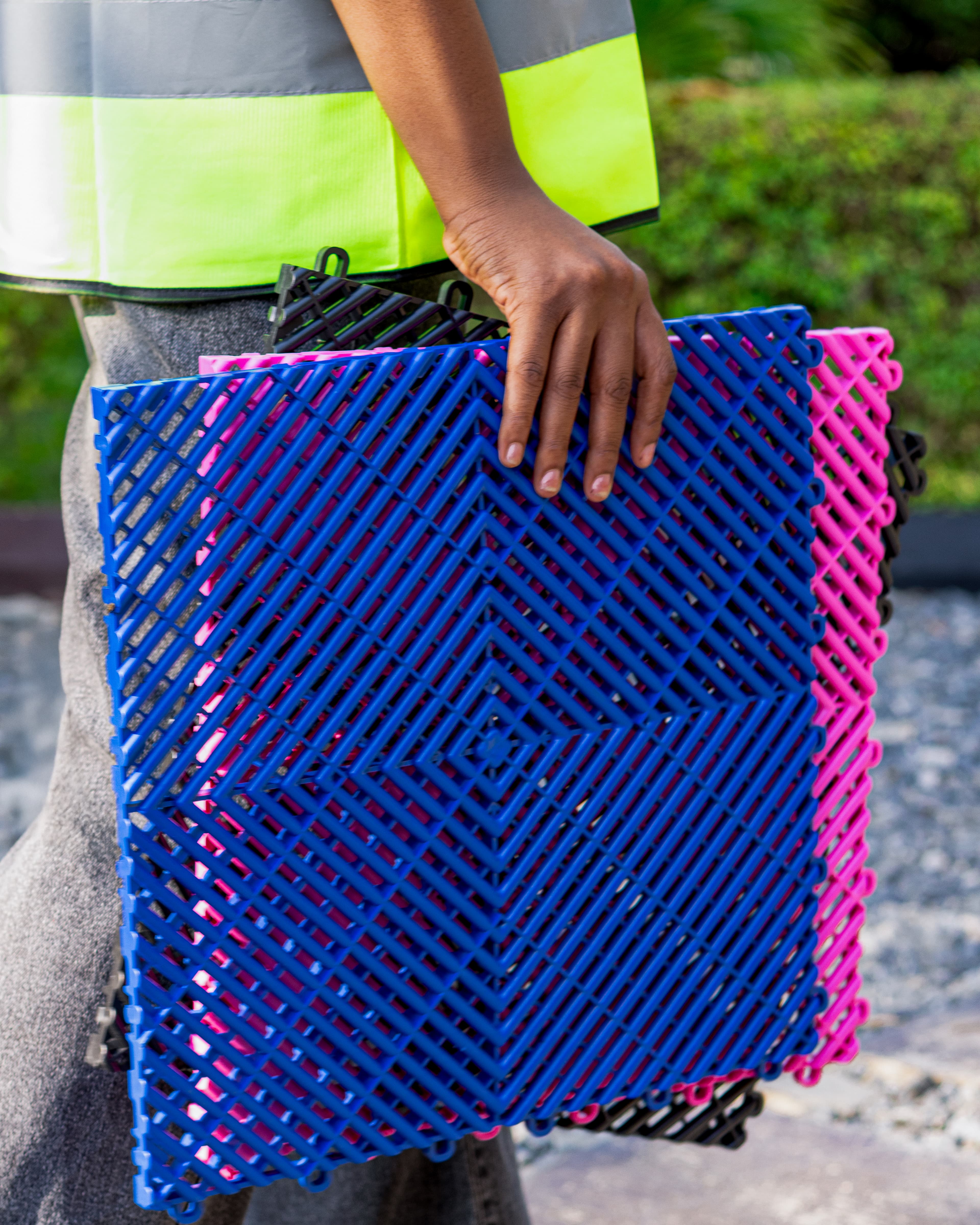 Ocean Blue and fuchsia tiles — close detail